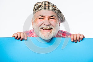 Your advertising here. Copy space placate information. Senior bearded man place announcement on banner. happy mature man