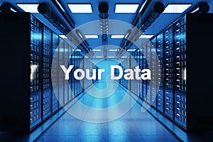 Your data logo in large modern data center with multiple rows of network internet server racks, privacy concept;  3D Illustration