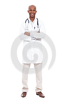 Your friendly medical professional. Full length studio portrait of a young african american doctor standing with his