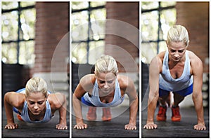 Your hard work will pay off. Composite series of a young woman doing pushups in a gym.