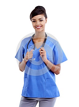 Your health matters most to me. Studio shot of a young medical professional isolated on white.