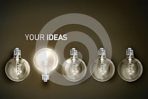 Your Ideas , illuminated light bulb row dim ones concept solution