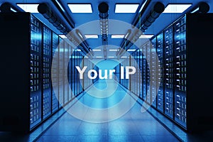 Your ip logo in large modern data center with multiple rows of network internet server racks, 3D Illustration