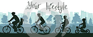 Your lifestyle, city life, silhouette of large family riding on bicycles outside city near park. Vector illustration