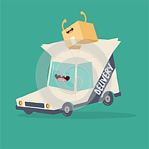 Your package rushes to you on the delivery van. Vector graphics