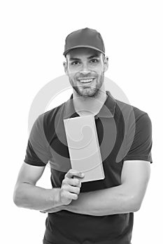 Your parcel in safe hands. Courier guy hold parcel box isolated on white. Parcel delivery service. Sending by parcel