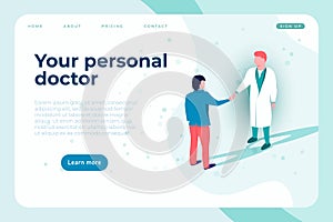 Your personal doctor landing page template with illustration of doctor and pacient.