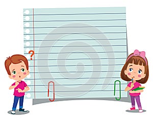 kids holding banners. Vector boy and girl with empty banner, illustration cartoon school kid and board for text
