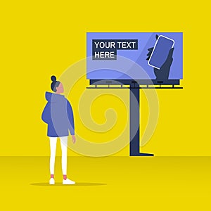 Your text here mockup, new online service outdoor advertising, young female character looking at the billboard