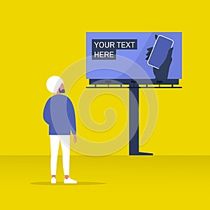 Your text here mockup, new online service outdoor advertising, young indian male character looking at the large
