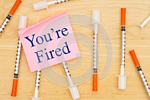Youre Fired message with vaccine needle on desk with a sticky note photo