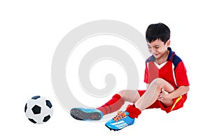 Youth asian soccer player with pain at leg. Full body.