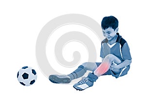 Youth asian soccer player with pain at leg. Full body.