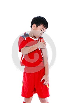 Youth asian soccer player with pain at shoulder.