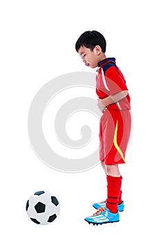 Youth asian soccer player stomachache. Full body. Isolated on white.