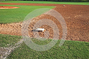 Youth baseball infield from first base side on sunny day