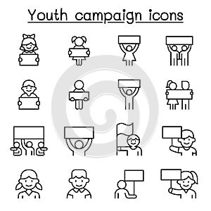 Youth campaign related vector line icons. contains such Icons as banner, placard, advertising, teen, protest, demand, boy, girl,