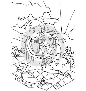 The youth celebrates love, first love, first kiss young hand drawing for coloring