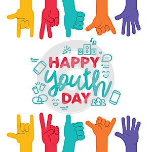 Youth Day greeting card with diverse teen hands
