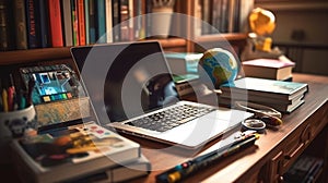 Youth desk with laptop, books and school supplies. Generative AI