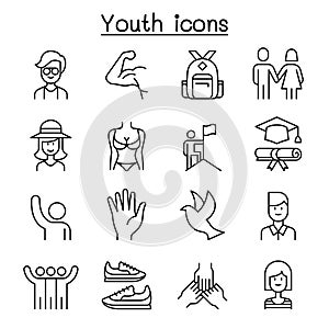 Youth icon set in thin line style