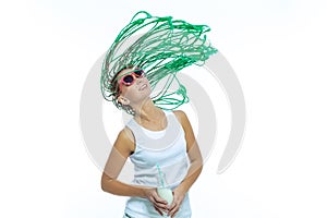 Youth Lifestyle. Portrait of Happy Smiling Caucasian Female with African American Dreadlocks Having Fun With Flyaway Hairs. Posing