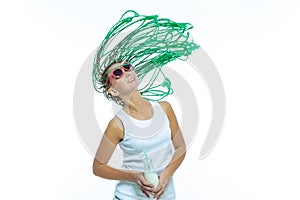 Youth Lifestyle. Portrait of Happy Smiling Caucasian Female with African American Dreadlocks Having Fun With Flyaway Hairs. Posing photo
