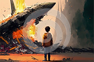 A youth observing a spacecraft wreckage with a detonation. Illustration painting