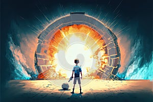 A youth observing a spacecraft wreckage with a detonation. Illustration painting