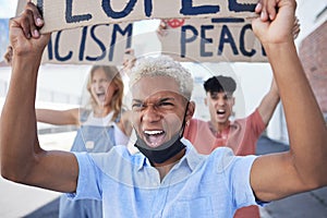 A youth protest for peace, freedom and people support the demand for global human rights. Angry teenage activists