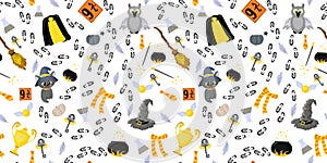 Youth seamless pattern. School of magic and witchcraft. Magical items. Broom for flying, talking hat and mantle of invisibility.