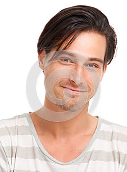 Youth, smile and portrait of man in studio for casual, trendy and cool fashion. Happiness, edgy and confidant with face photo