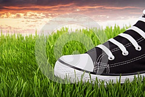 Youth sneakers in green grass at sunset