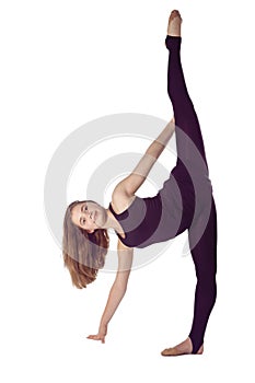 Youth Sport Concepts. Positive Optimistic Caucasian Sportswoman Rhythmic Gymnast In Competitive Black Outfit Posing During Legs