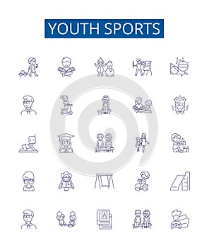 Youth sports line icons signs set. Design collection of Youth, Sports, Soccer, Basketball, Football, Baseball, Hockey