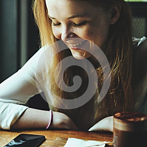 Youth Woman Coffee Shop Using Smart Phone Concept