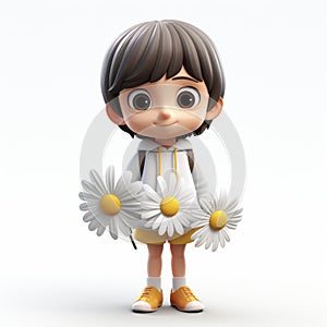 Youthful 3d Cartoon Girl With Daisies In Shuzo Oshimi Style