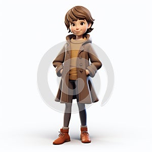 Youthful Cartoon Girl In Brown Coat - 3d Render