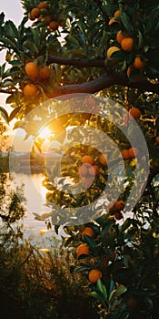 Youthful Energy: Orange Tree In A Lake With Golden Light