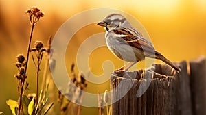 Youthful Energy: Sparrow Perched On Wooden Fence At Sunrise