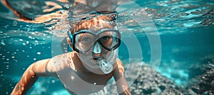 Youthful explorer snorkeling in clear azure waters of remote tropical paradise island