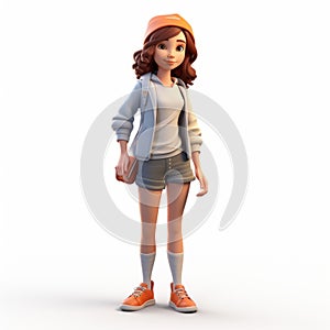 Youthful Protagonist: A Detailed 3d Render Of Charlotte In Orange Hat Shorts