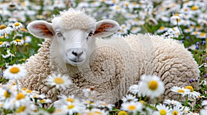 Youthful sheep in daisy meadow idyllic summer farm scene with grazing livestock