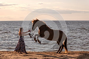 Youthful woman is leading her horse on the beach in the evening as the sun sets in the background