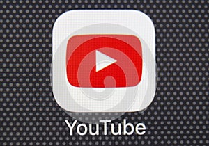 YouTube application icon on Apple iPhone 8 smartphone screen close-up. Youtube app icon. YouTube is an online video networking