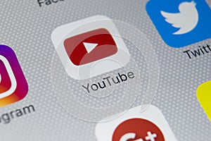 YouTube application icon on Apple iPhone 8 smartphone screen close-up. Youtube app icon. YouTube is an online video networking