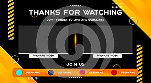 Youtube End Screen with orange design and orange lines. Youtube Video Template, background, Outro Card, end screen, banner, channe