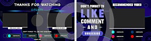 Youtube End Screen with purple design and purple lines. Youtube Video Template, background, Outro Card, end screen, banner, channe