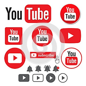 YouTube logo icon set with subscribe, bell and play button