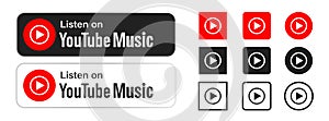 Youtube music. Youtube music logo App and badge set. Listen on youtube music UI icons. Popular set of logo youtube in different